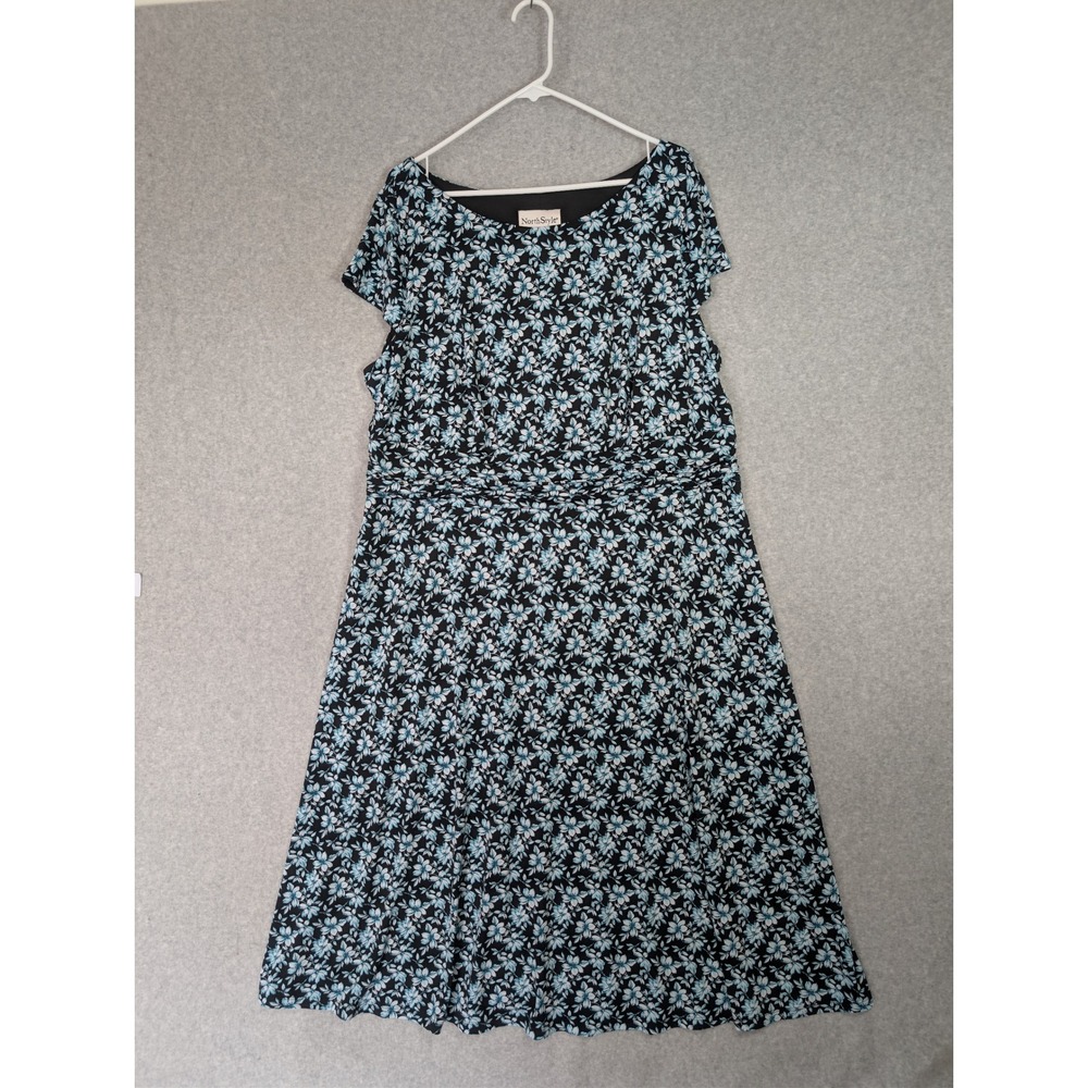 NorthStyle Womens 20W‎ Floral A-Line Dress Black Blue Ruched Waist Cap Sleeve